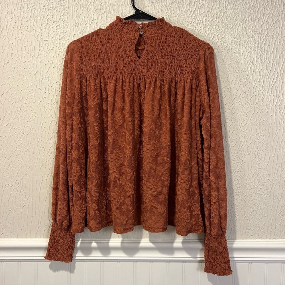 Deletta Anthropologie Rust Amana Burnout Sheer Smocked Mock Neck Top size small - Picture 9 of 13